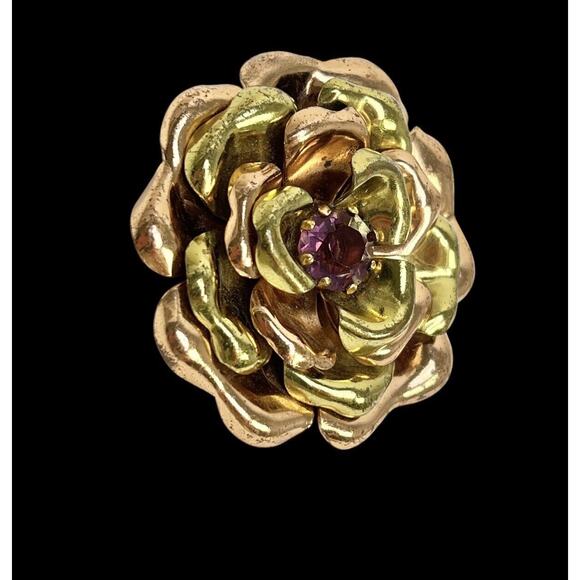 Flower Brooch Gold Tone And Copper Color Metal Purple Rhinestone Layered Petals - Picture 2 of 5